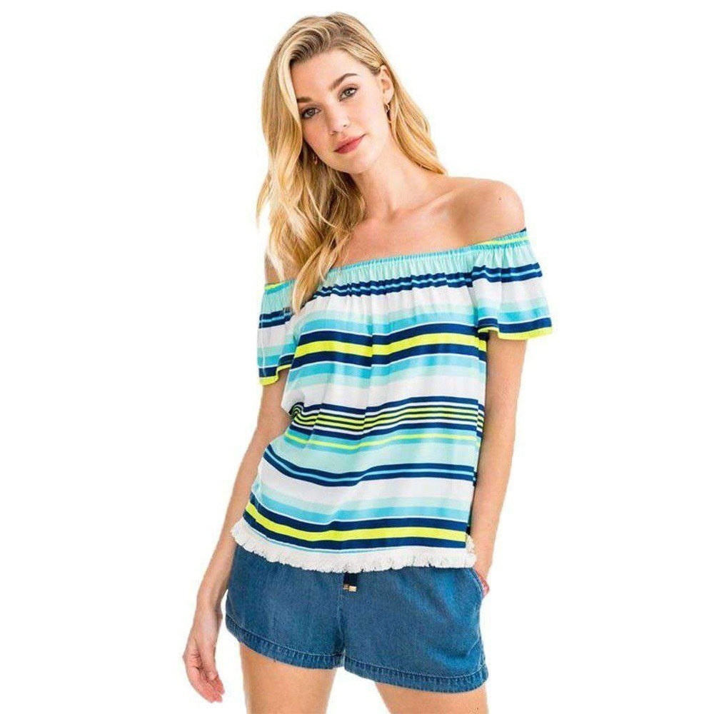 Off-Shoulder Striped Summer Top in Aqua Blue